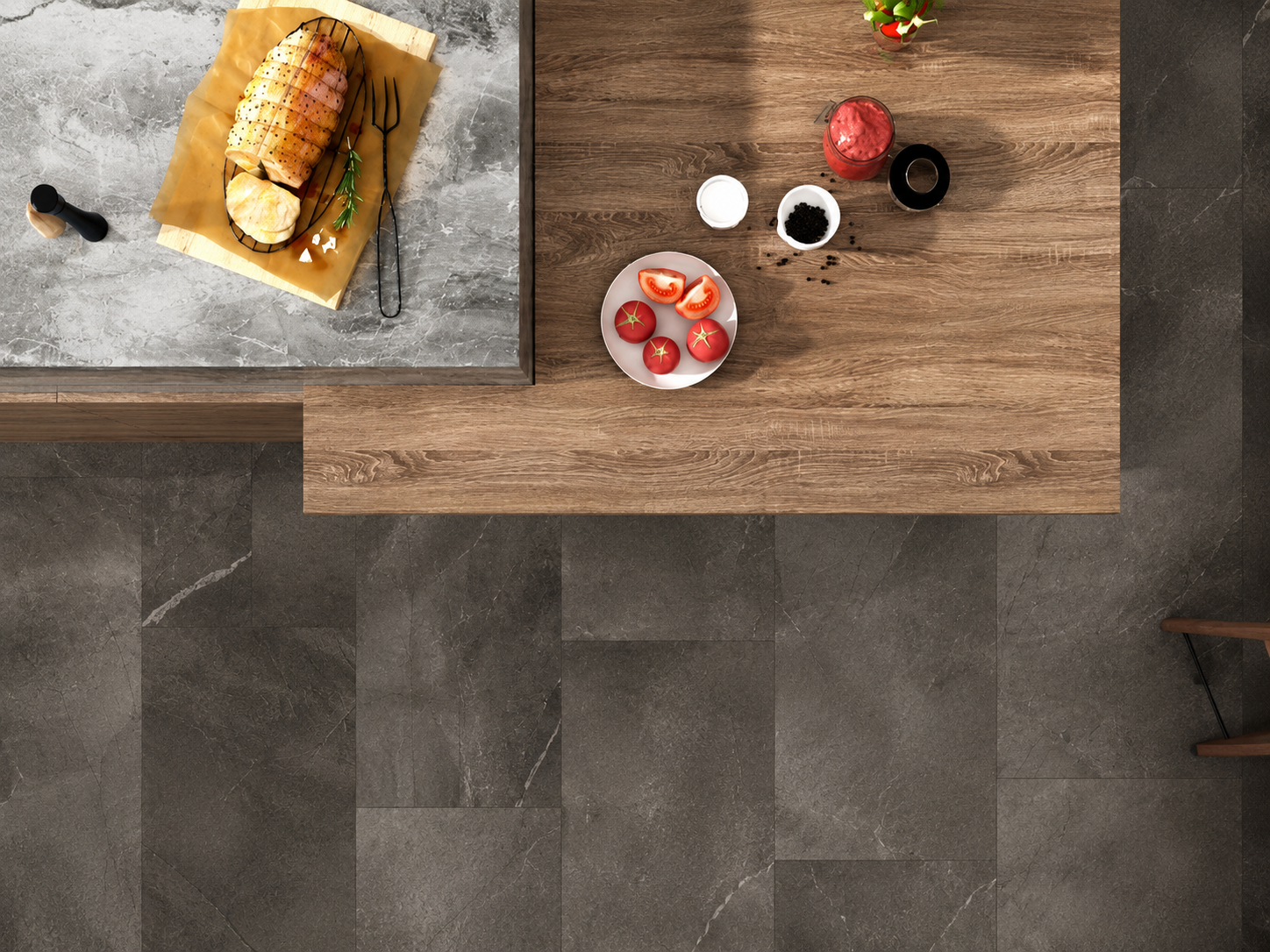 SPC Flooring en composición mixta madera y piedra vista superior