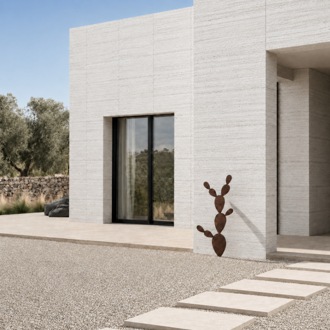 Flexible Stone en fachada exterior clara de lenguaje minimalista