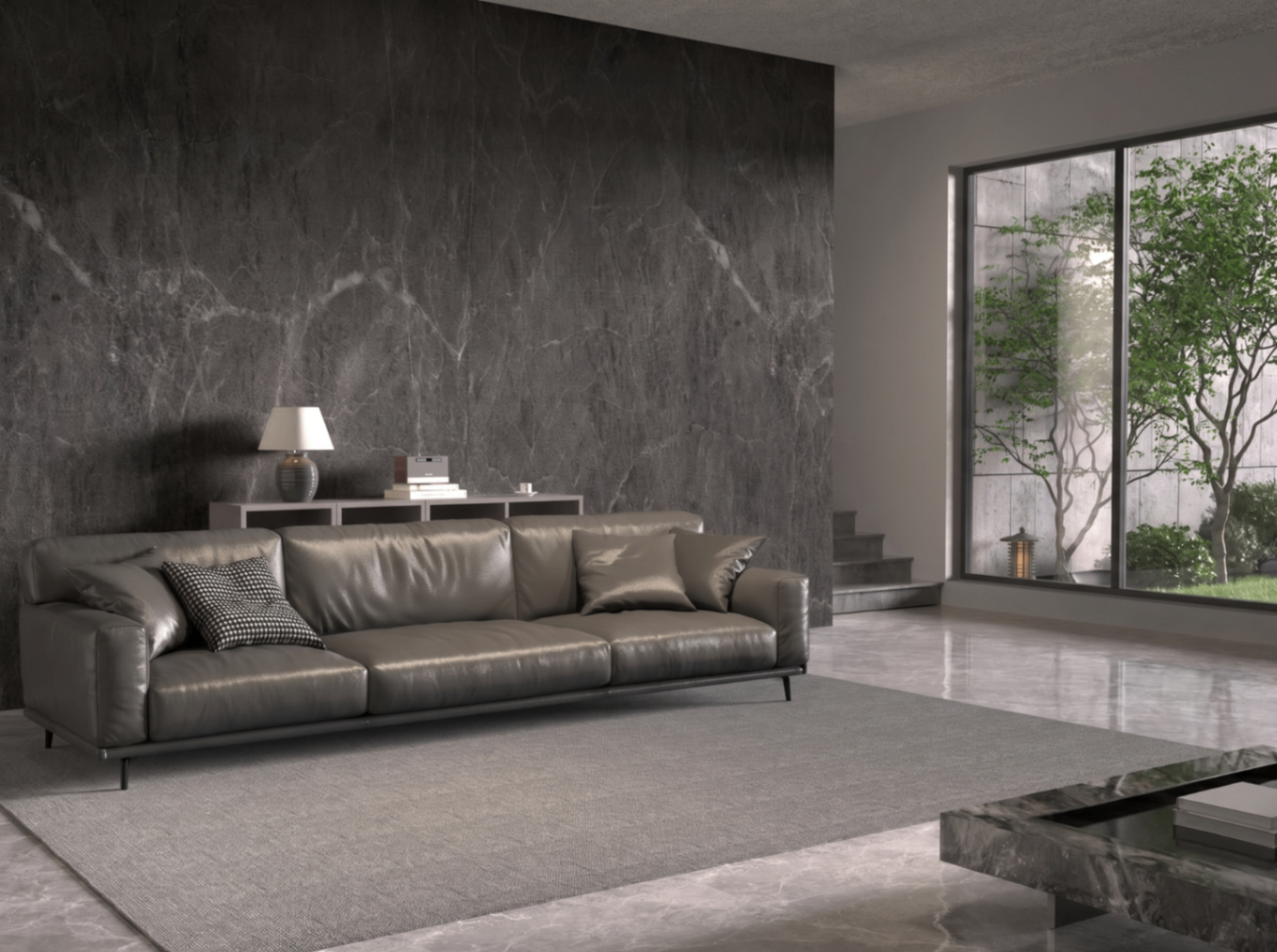 SPC Wall Panel en sala residencial con acabado piedra oscura