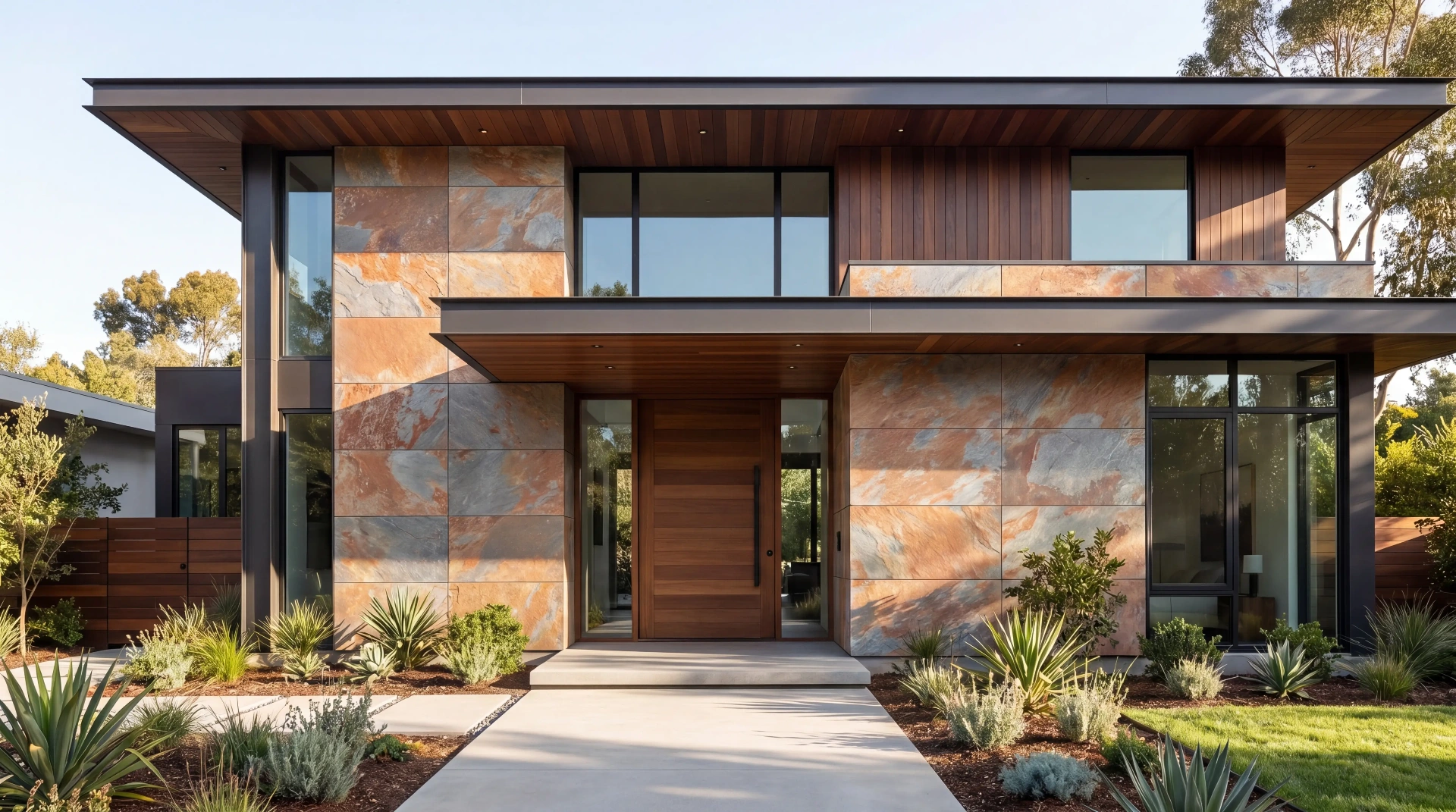 Flexible Stone en fachada contemporánea con tonos cálidos