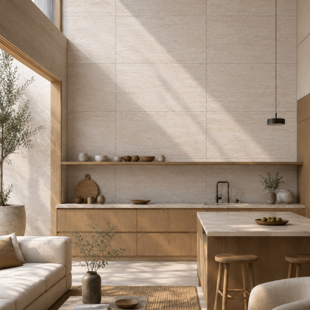 Flexible Stone en cocina interior con muros claros
