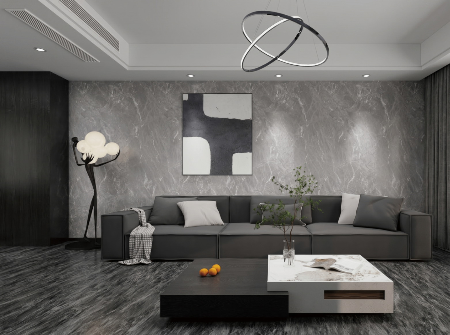 SPC Wall Panel en sala moderna con acabado mármol gris