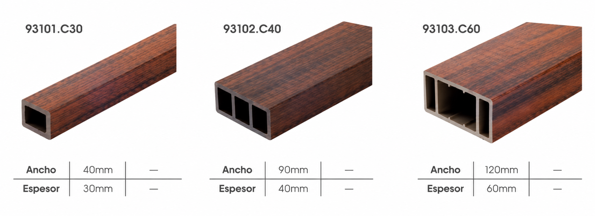 WPC pared — perfiles estructurales con dimensiones