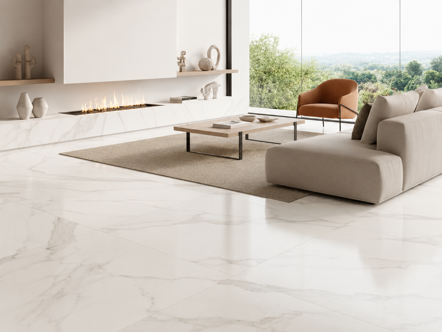 SPC Flooring marmoleado blanco en sala contemporánea con chimenea lineal