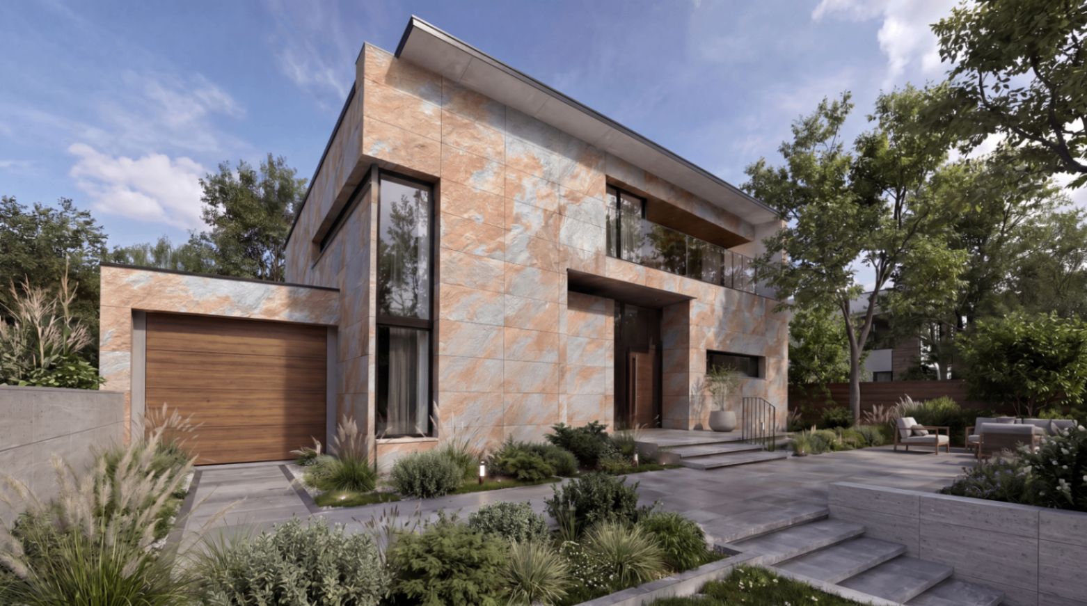 Flexible Stone en volumen exterior residencial de gran formato
