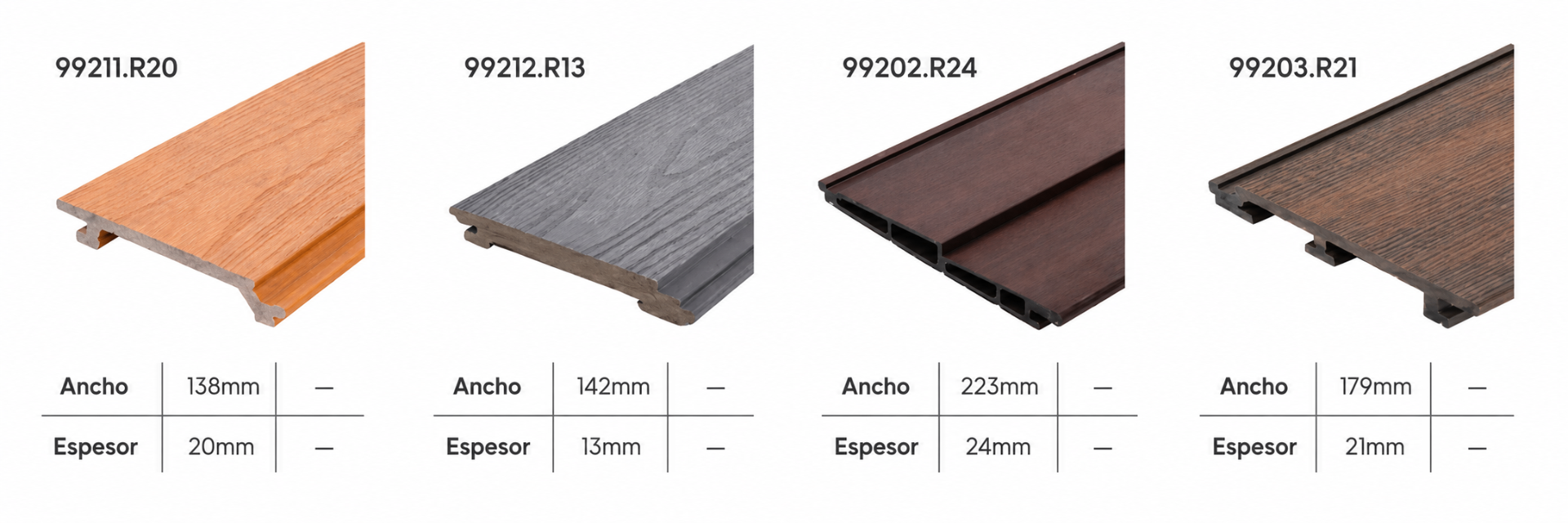 WPC pared — perfiles de tabla lisa con dimensiones