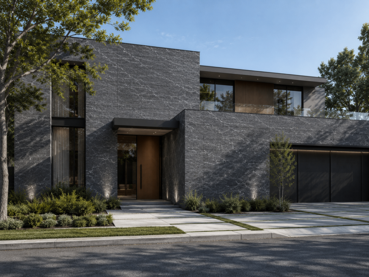 Flexible Stone en fachada residencial de piedra oscura