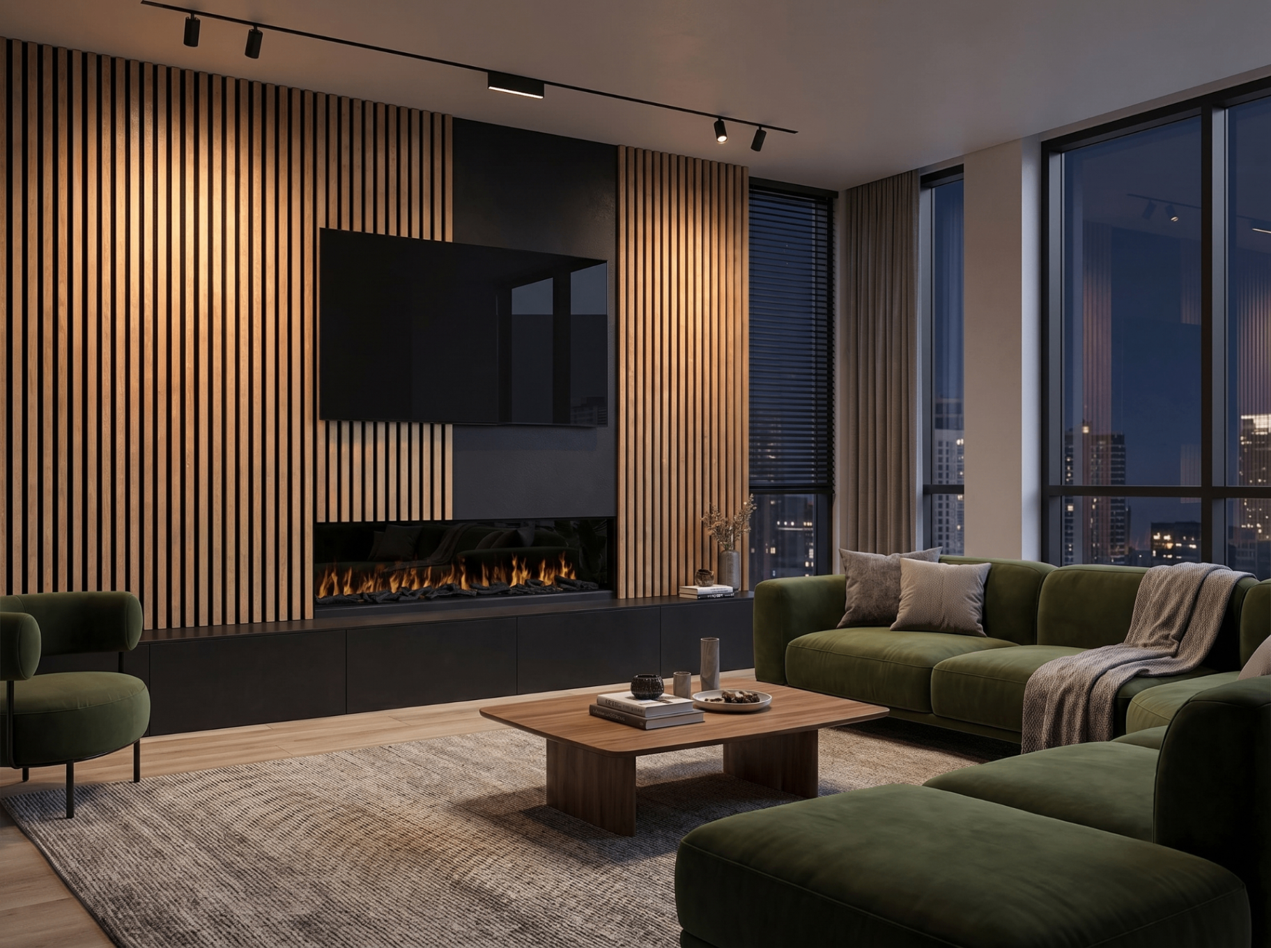 Acoustic Panel en sala contemporánea con chimenea lineal y ventanales de noche