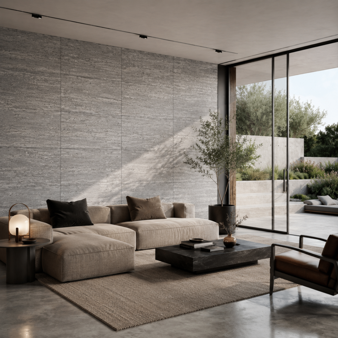 Flexible Stone en sala interior con muro gris texturizado