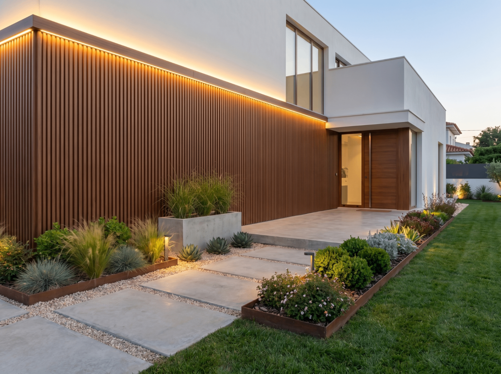 WPC en fachada residencial con listones verticales e iluminación lineal