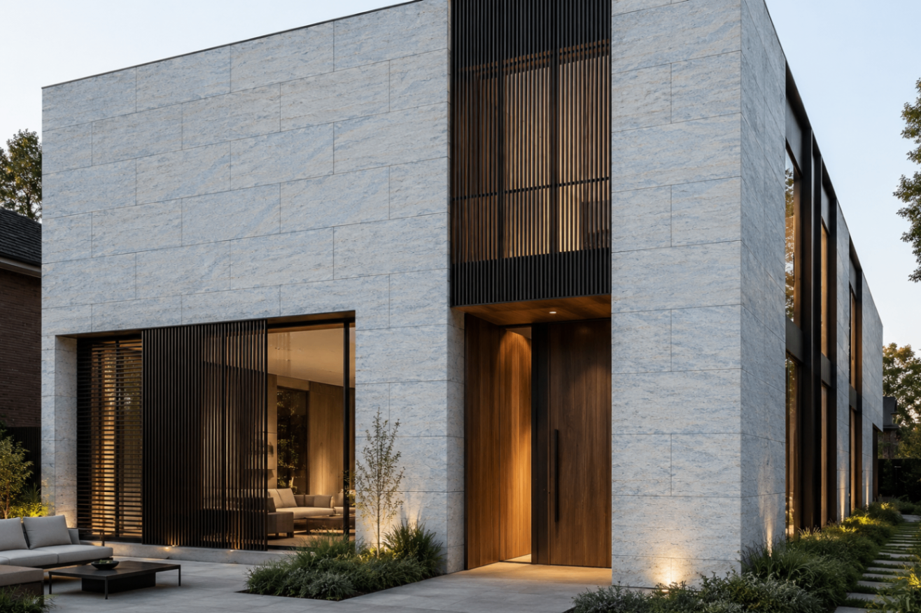 Flexible Stone en fachada residencial iluminada con lamas verticales