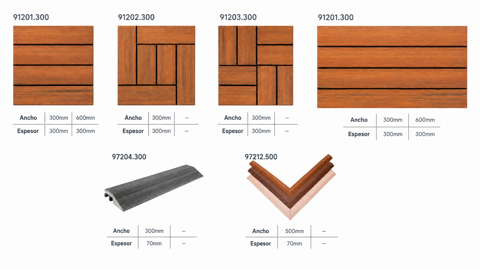 WPC decking — formatos de baldosa modular con dimensiones