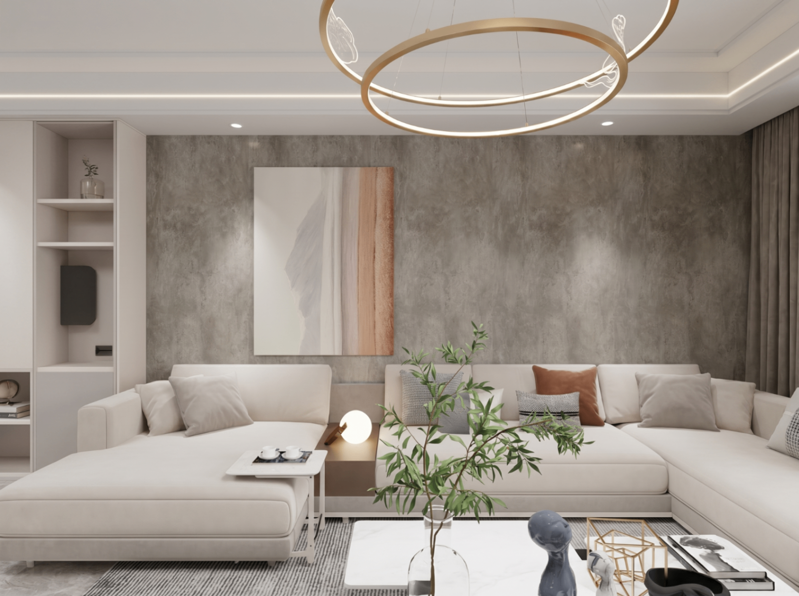 SPC Wall Panel en sala contemporánea con acabado cemento cálido