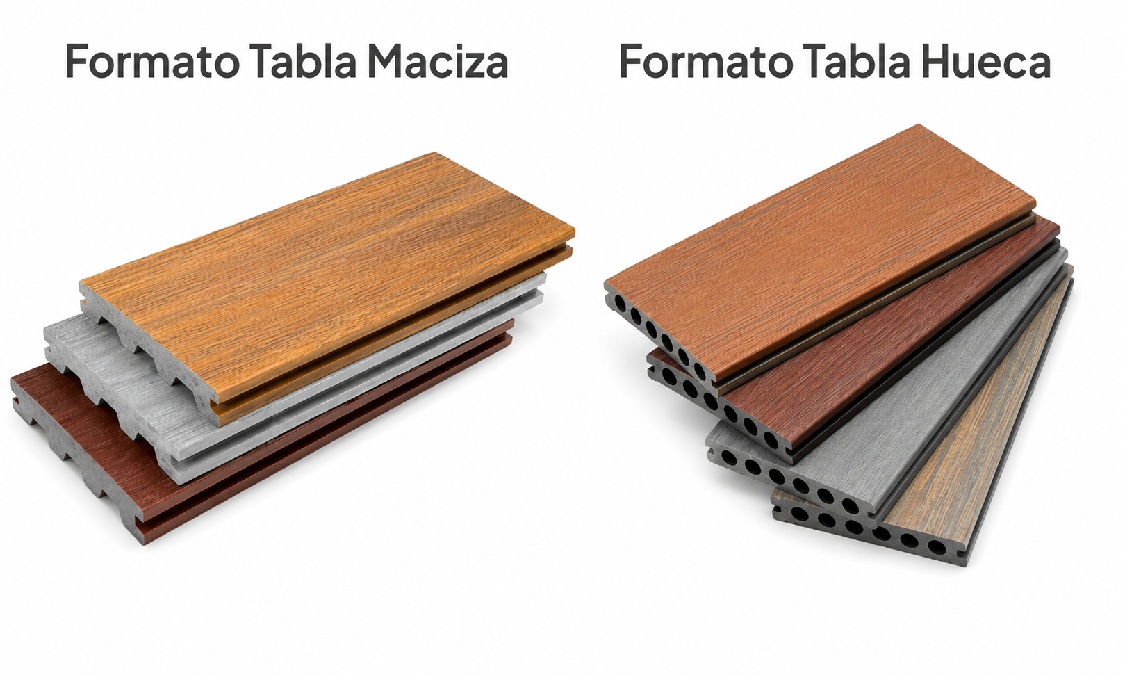WPC decking — formatos de tabla maciza y tabla hueca