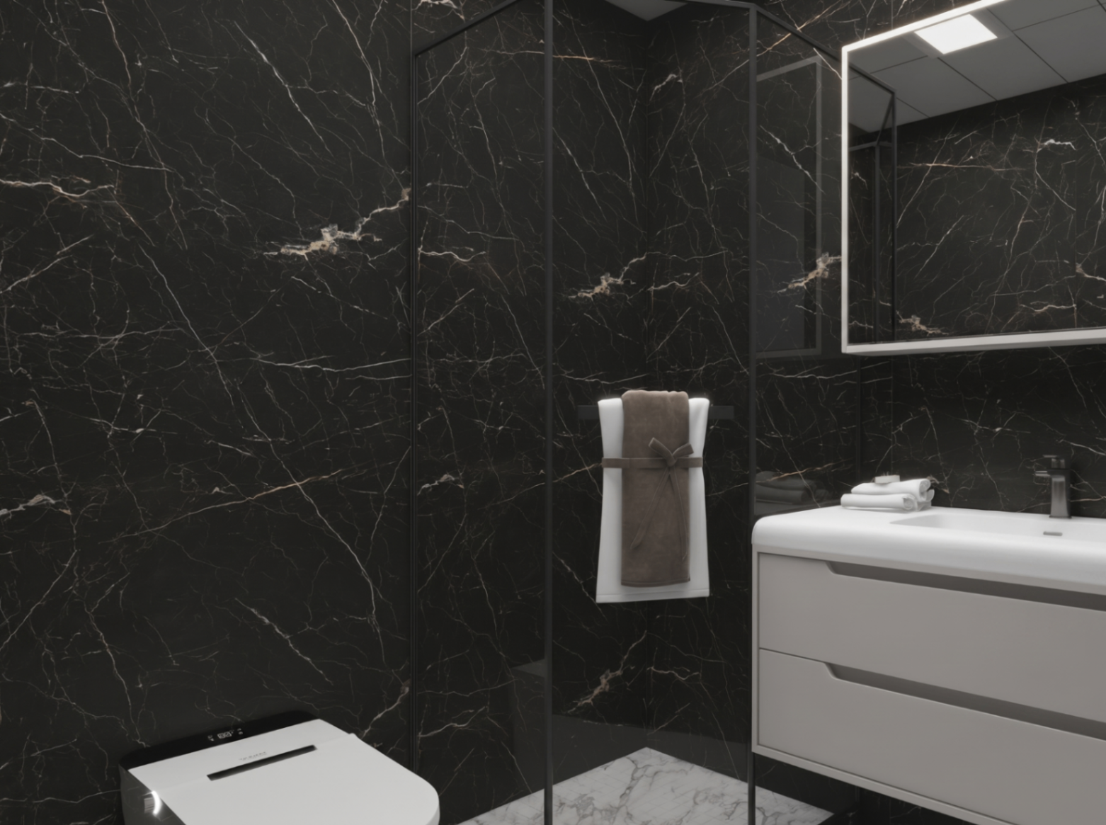 SPC Wall Panel en baño con acabado mármol negro