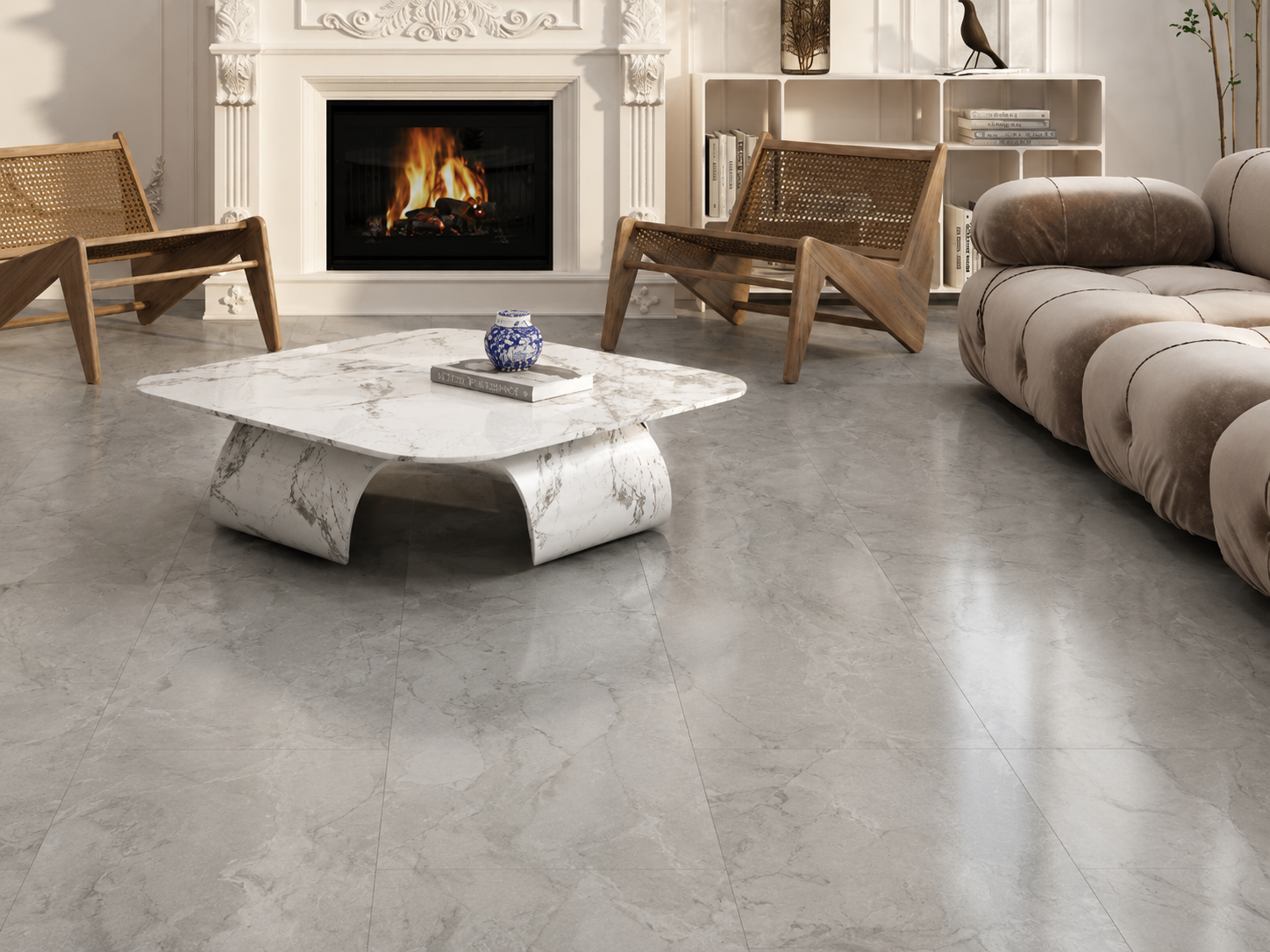 SPC Flooring con acabado piedra gris en sala de estar elegante