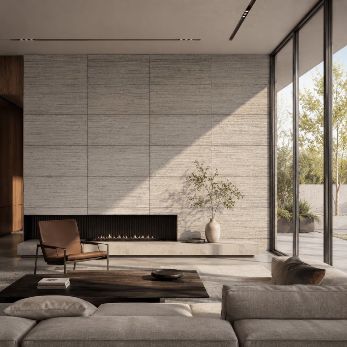 Flexible Stone en muro interior de sala con chimenea