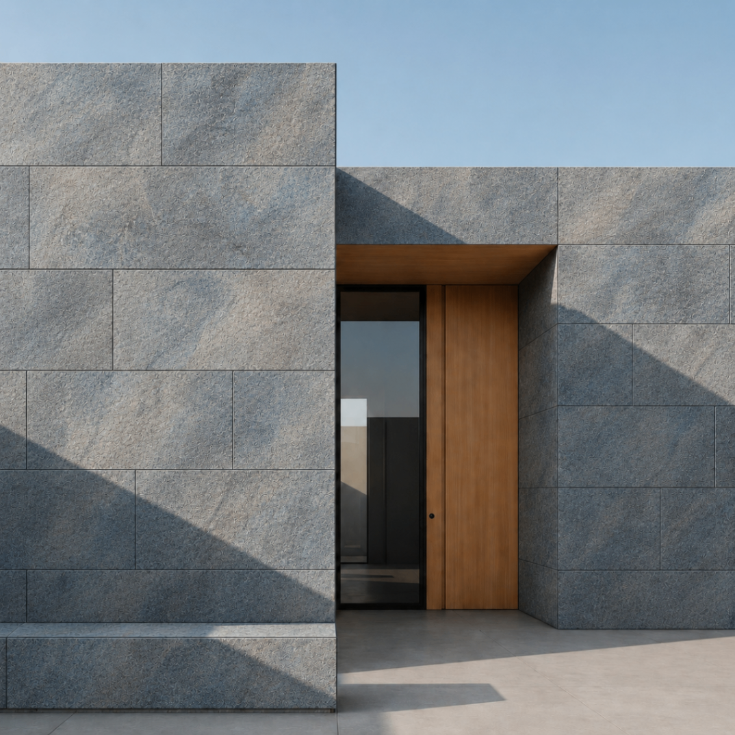 Flexible Stone en acceso exterior con piedra gris y carpintería de madera