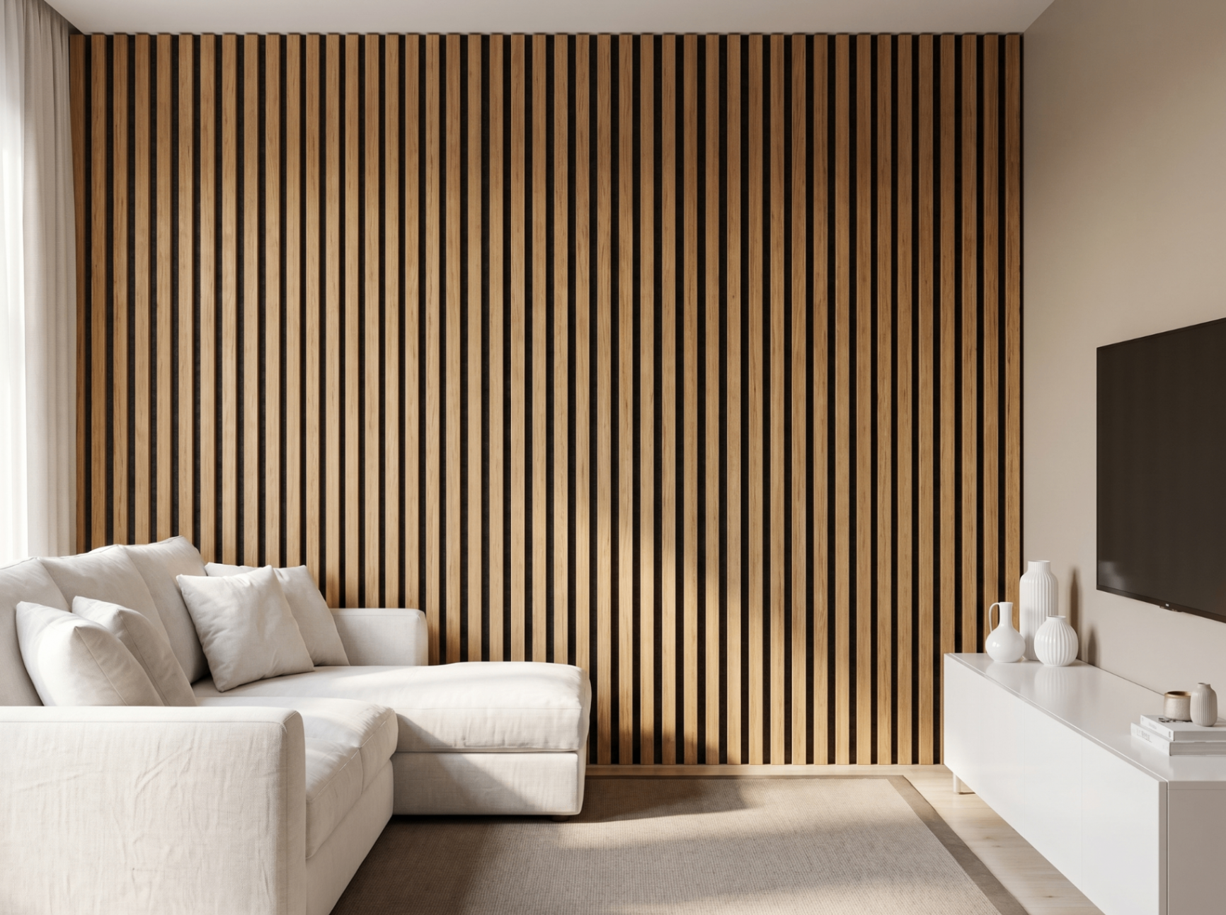 Acoustic Panel en living minimalista con sofá claro y muro de listones de madera