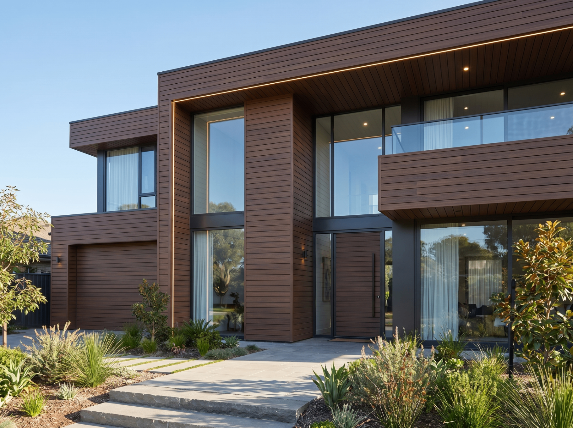 WPC en vivienda moderna con fachada exterior revestida