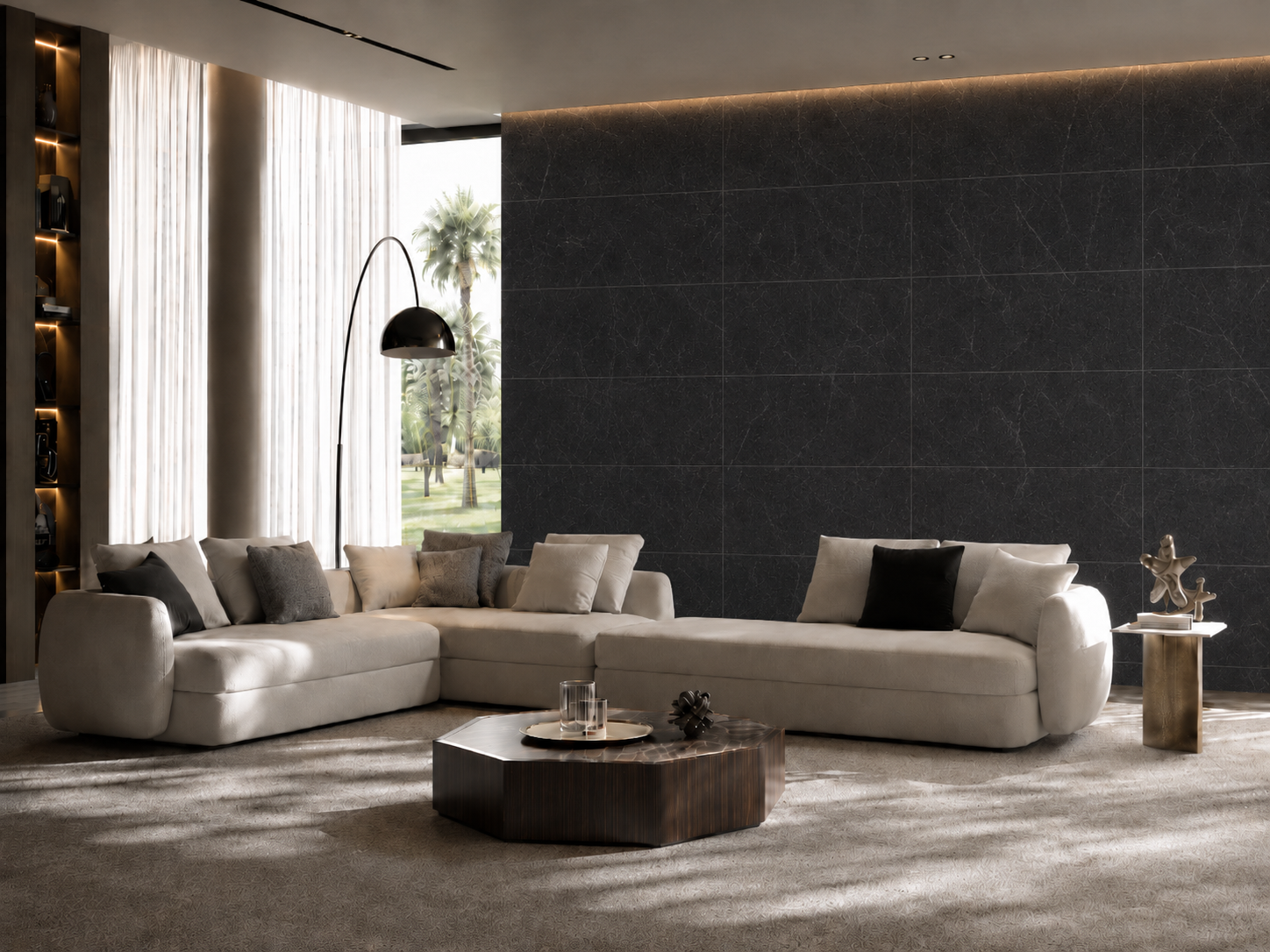 Sala de estar premium con panel de pared Evolven en mármol oscuro