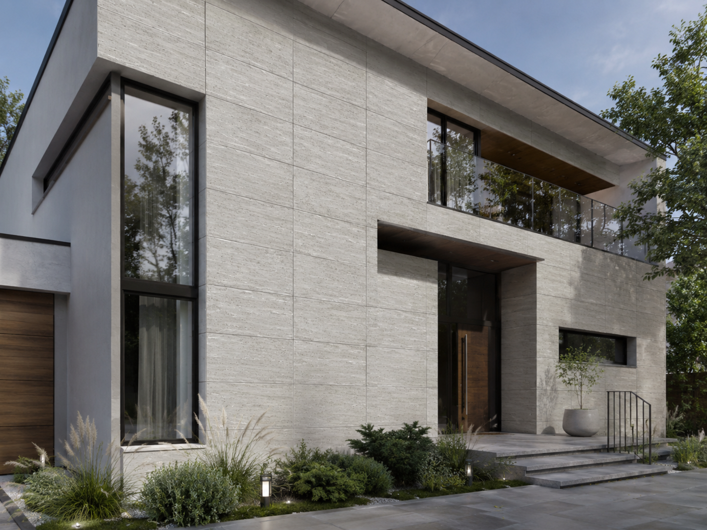 Fachada arquitectónica con piedra travertino Evolven en tono claro