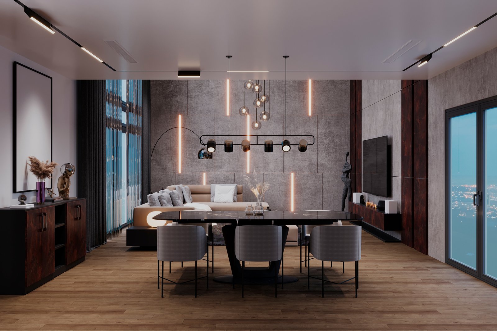 elegant-dining-room-with-long-table-modern-chairs-statement-chandelier